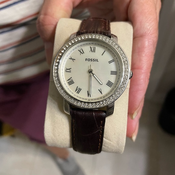 Emma Collection Mother of Pearl Dial face with brown leather band, Crystal Bezel - Picture 4 of 5